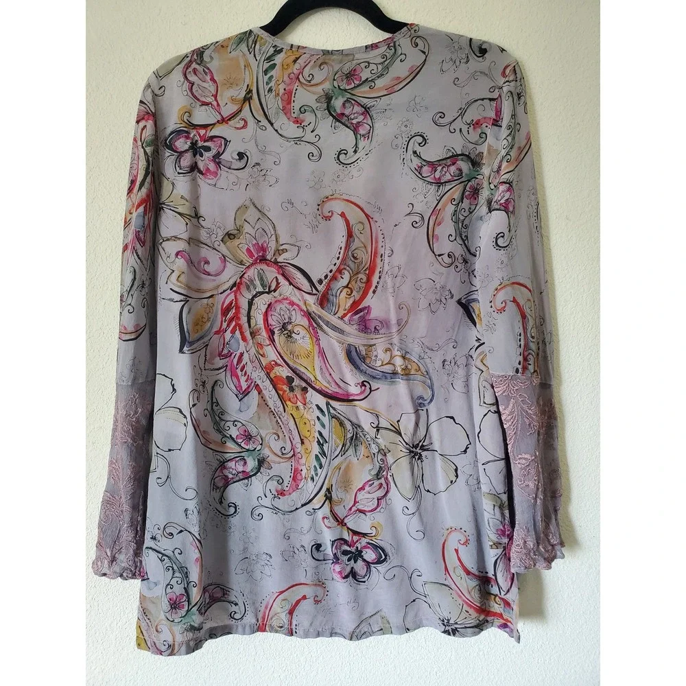 Tianello Silk Floral Tunic Top Embroidered Lace Cuffs Womens Medium Fairy - Picture 8 of 11